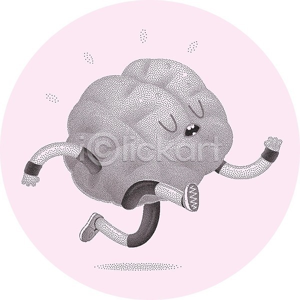 사람없음 EPS 일러스트 해외이미지 뇌 달리기 땀 땀흘리기 분홍색 운동 원형 의학캐릭터 장기(의학) 점 캐릭터 해외202004 해외202105 회색 힘듦