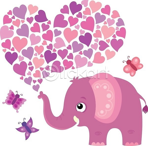 사랑 사람없음 EPS 일러스트 해외이미지 나비 동물캐릭터 분홍색 여러마리 코끼리 하트 해외202004 해외202105