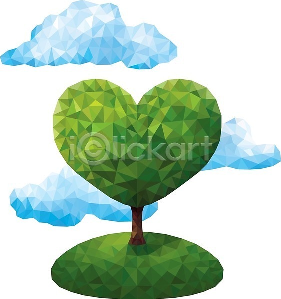 사랑 사람없음 EPS 일러스트 해외이미지 구름(자연) 나무 초록색 폴리곤 하늘색 하트 하트나무 해외202004 해외202105