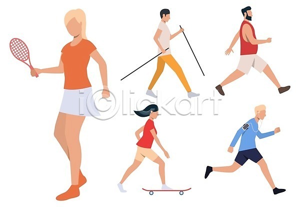 산책 남자 성인 성인만 여러명 여자 EPS 일러스트 해외이미지 달리기 들기 등산스틱 스마트폰 스케이트보드 이어폰 조깅 테니스라켓 해외202105