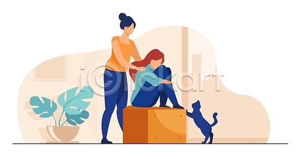 우울감 위로 두명 성인 성인여자만 여자 EPS 일러스트 해외이미지 고양이 서기 앉기 의자 전신 주황색 한마리 해외202105 화분