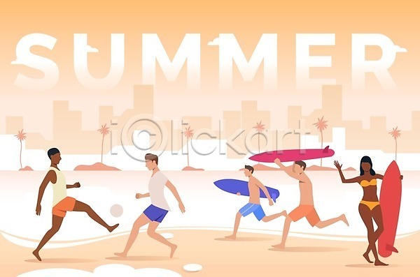 남자 성인 성인만 여러명 여자 EPS 일러스트 해외이미지 공 달리기 비키니 서기 서핑보드 수영복 여름(계절) 전신 주황색 타이포그라피 해외202105
