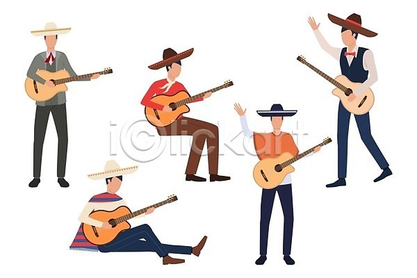 남자 성인 성인남자만 여러명 EPS 일러스트 해외이미지 기타 들기 멕시코모자 멕시코의상 서기 손들기 연주 음악 전신 해외202105