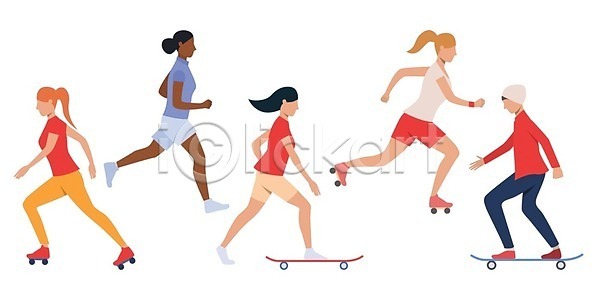 남자 성인 성인만 여러명 여자 EPS 일러스트 해외이미지 달리기 롤러블레이드 스케이트보드 전신 해외202105