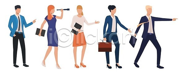 남자 성인 성인만 여러명 여자 EPS 일러스트 해외이미지 가리킴 들기 망원경 비즈니스맨 비즈니스우먼 서기 서류가방 전신 정장 주머니손 해외202105 해외일러스트