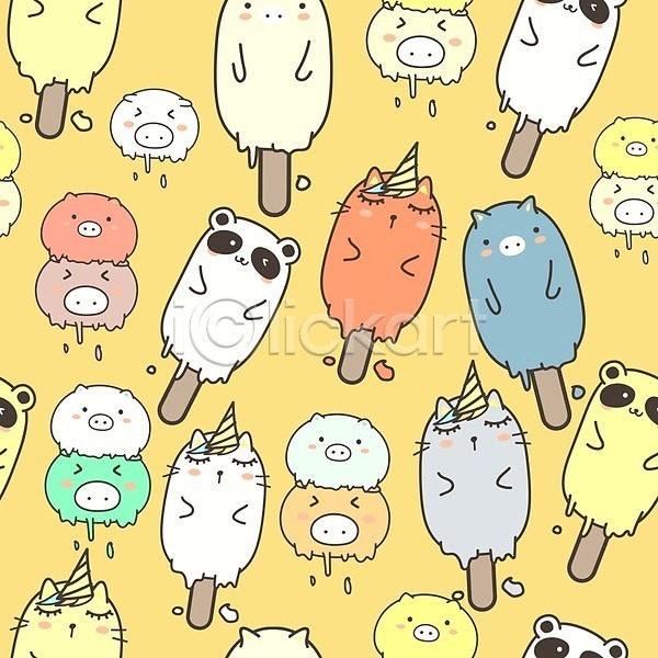 사람없음 EPS 일러스트 해외이미지 고깔(모자) 고양이 너구리 노란색 동물캐릭터 돼지 막대아이스크림 백그라운드 여러마리 패턴 패턴백그라운드 해외202105