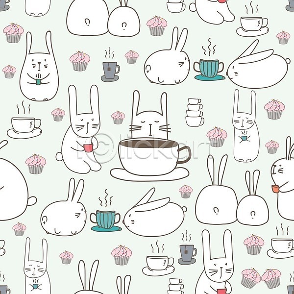 사람없음 EPS 일러스트 해외이미지 머핀 민트색 백그라운드 여러마리 커피 커피잔 컵받침 컵케이크 토끼 토끼캐릭터 패턴 패턴백그라운드 해외202105