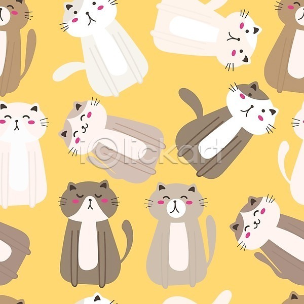 사람없음 EPS 일러스트 해외이미지 고양이 고양이캐릭터 노란색 백그라운드 여러마리 패턴 패턴백그라운드 해외202105