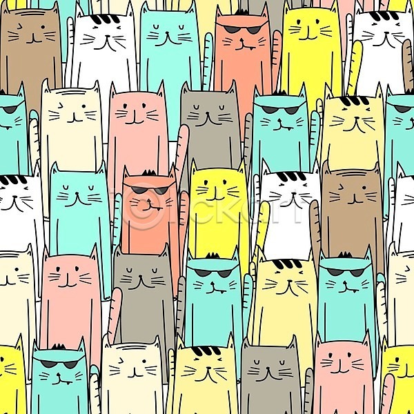 사람없음 EPS 일러스트 해외이미지 고양이 고양이캐릭터 백그라운드 선글라스 여러마리 컬러풀 패턴 패턴백그라운드 해외202105