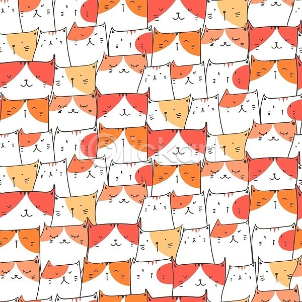 사람없음 EPS 일러스트 해외이미지 고양이 고양이캐릭터 백그라운드 여러마리 주황색 패턴 패턴백그라운드 해외202105