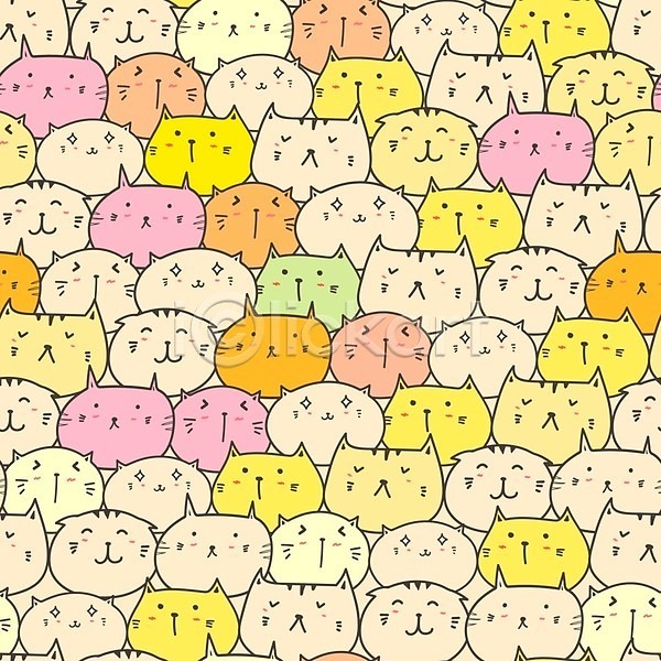 사람없음 EPS 일러스트 해외이미지 고양이 고양이캐릭터 노란색 백그라운드 여러마리 패턴 패턴백그라운드 해외202105
