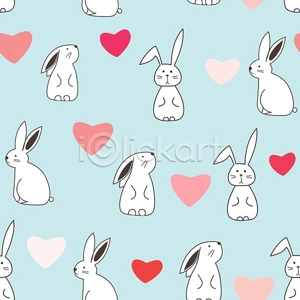 사람없음 EPS 일러스트 해외이미지 백그라운드 여러마리 토끼 토끼캐릭터 패턴 패턴백그라운드 하늘색 하트 해외202105