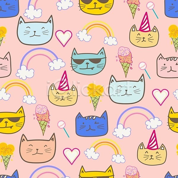 사람없음 EPS 일러스트 해외이미지 고깔(모자) 고양이 고양이캐릭터 막대사탕 무지개 백그라운드 분홍색 선글라스 여러마리 콘아이스크림 패턴 패턴백그라운드 하트 해외202105