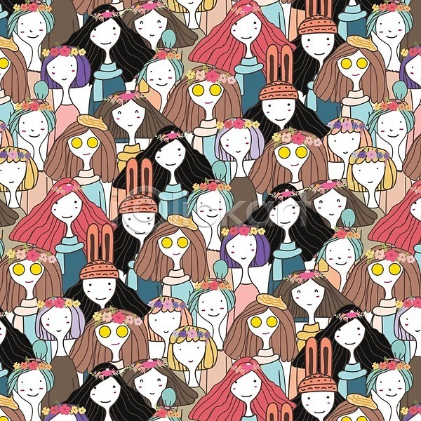 성인 성인여자만 여러명 여자 EPS 일러스트 해외이미지 모자(잡화) 백그라운드 상반신 패턴 패턴백그라운드 해외202105 화관