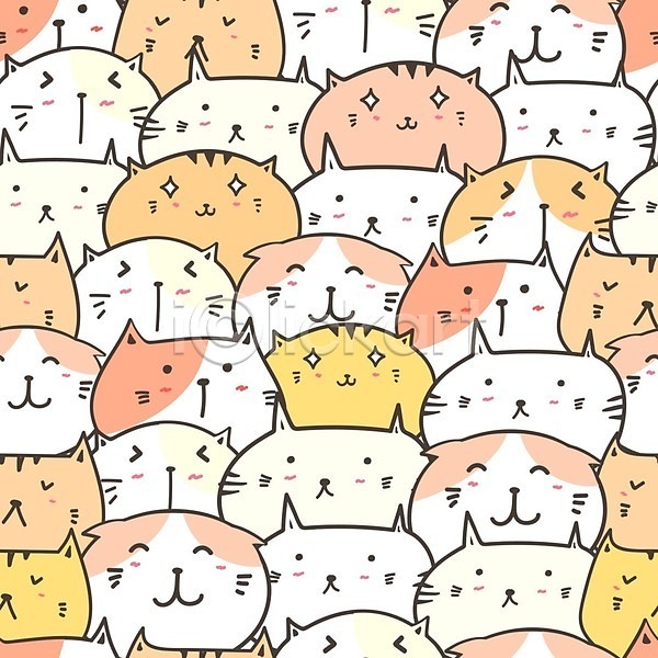 사람없음 EPS 일러스트 해외이미지 고양이 고양이캐릭터 백그라운드 여러마리 패턴 패턴백그라운드 표정 해외202105
