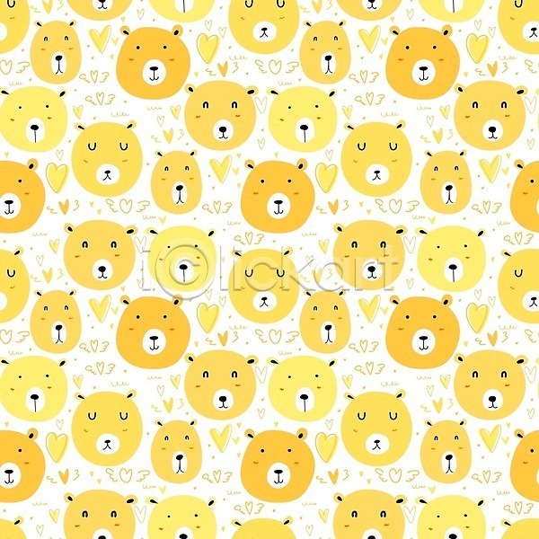 사람없음 EPS 일러스트 해외이미지 곰 곰캐릭터 노란색 백그라운드 여러마리 패턴 패턴백그라운드 하트 해외202105
