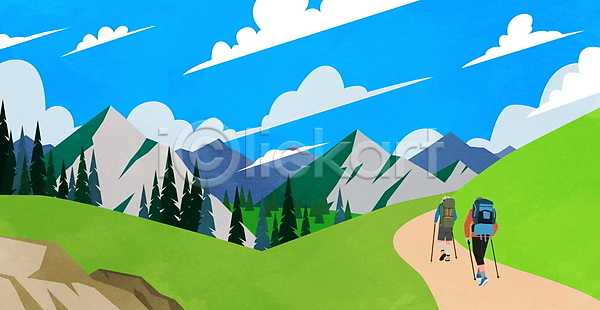 남자 두명 성인 성인남자만 PSD 일러스트 걷기 구름(자연) 등산 등산객 등산로 등산스틱 산 산길 산행 전신 풍경(경치) 하늘 하이킹