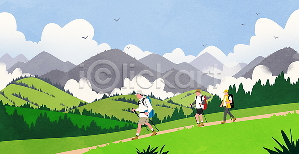 남자 성인 성인만 세명 여자 PSD 일러스트 걷기 구름(자연) 등산 등산로 등산스틱 산 산길 산행 전신 풍경(경치) 하늘 하이킹