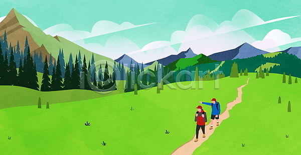 남자 두명 성인 성인남자만 PSD 일러스트 가리킴 걷기 구름(자연) 등산객 등산로 산 산길 산행 전신 초록색 풍경(경치) 하늘 하이킹
