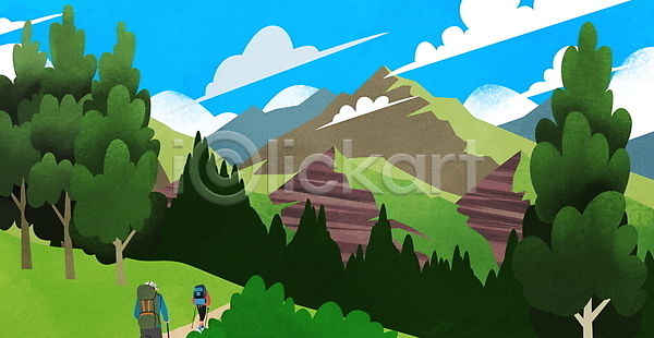 남자 두명 성인 성인남자만 PSD 일러스트 걷기 구름(자연) 나무 등산객 등산로 등산스틱 산 산길 산행 상반신 전신 풍경(경치) 하늘 하이킹