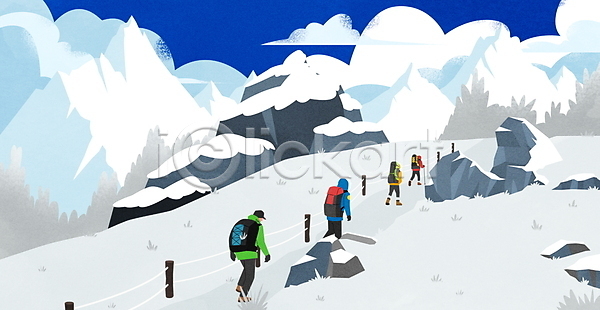 남자 성인 성인만 여러명 여자 PSD 일러스트 걷기 구름(자연) 눈덮임 등산객 등산로 산길 산행 설산 전신 풍경(경치) 하이킹