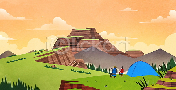 휴식 남자 두명 성인 성인남자만 PSD 일러스트 노을 등산객 등산로 부자(아빠와아들) 산 산행 앉기 전신 캠핑 텐트 풍경(경치) 하늘