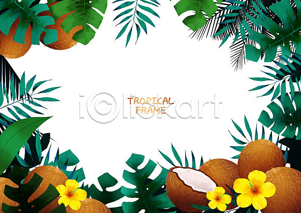 사람없음 PSD 일러스트 프레임일러스트 야자수 열대꽃 열대식물 열대잎 코코넛 트로피컬아트 프레임
