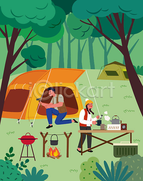 휴식 남자 두명 성인 성인만 여자 AI(파일형식) 일러스트 나무 들기 모닥불 바베큐그릴 반합 서기 숲 앉기 전신 주전자 초록색 캠핑 커플 커피 텐트