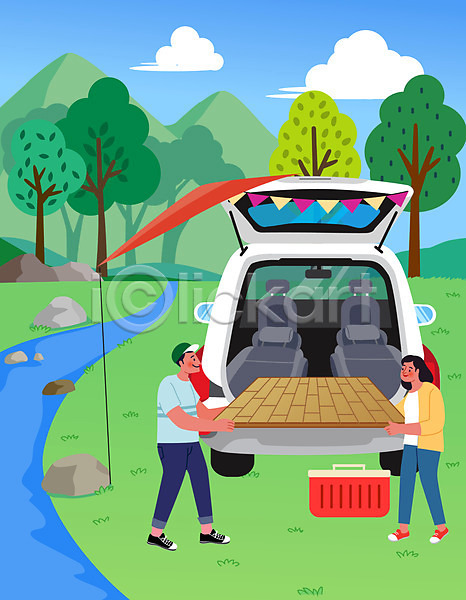 휴식 남자 두명 성인 성인만 여자 AI(파일형식) 일러스트 가랜드 강 구름(자연) 나무 들기 매트 서기 숲 자동차 전신 차박 캠핑 커플