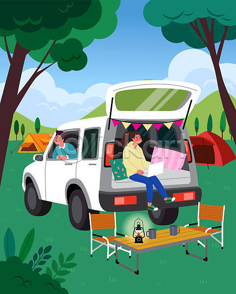 휴식 남자 두명 성인 성인만 여자 AI(파일형식) 일러스트 가랜드 구름(자연) 나무 랜턴 상반신 숲 자동차 전신 차박 초록색 캠핑 캠핑의자 커플 쿠션 탁자 텐트