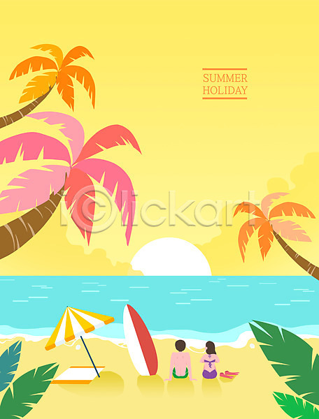 휴식 남자 두명 성인 성인만 여자 PSD 일러스트 계절백그라운드 노란색 노을 매트 바다 바캉스 서핑보드 앉기 야자수 여름휴가 전신 파라솔 해변