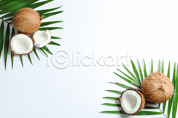 사람없음 JPG 포토 하이앵글 해외이미지 실내 열대과일 잎 코코넛 플랫레이 흰배경