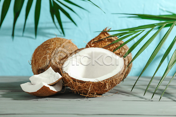 사람없음 JPG 포토 해외이미지 단면 실내 열대과일 잎 코코넛