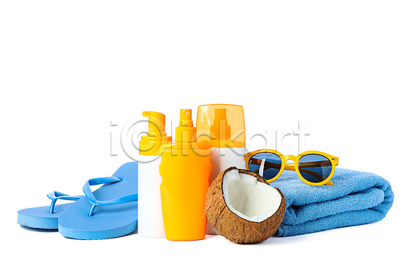 사람없음 JPG 포토 해외이미지 선글라스 선크림 수건 실내 여름(계절) 열대과일 쪼리 코코넛