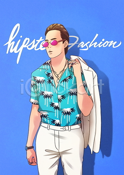 남자 성인 성인남자한명만 한명 PSD 일러스트 글자캘리그라피 꽃무늬셔츠 들기 목걸이 반지 상반신 선글라스 세미정장 타이포그라피 파란색 패션 하와이안 힙스터