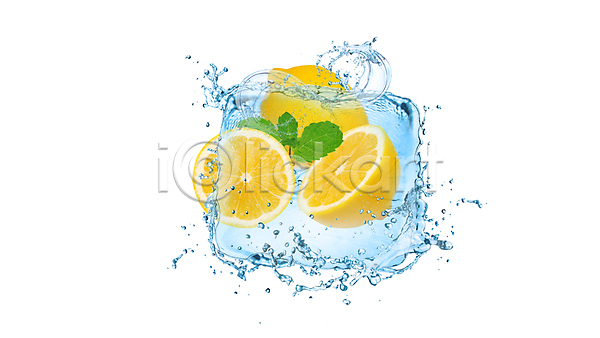 사람없음 JPG 포토 해외이미지 레몬 물 민트 스플래쉬 슬라이스 액체 흰배경