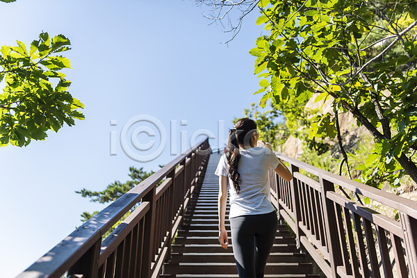 여유 20대 성인 성인여자한명만 여자 한국인 한명 JPG 뒷모습 로우앵글 포토 건강관리 나무계단 들기 등산 라이프스타일 물마시기 물병 산 산행 상반신 야외 오르기 주간 하늘
