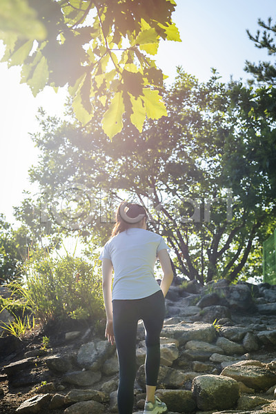 여유 20대 성인 성인여자한명만 여자 한국인 한명 JPG 뒷모습 로우앵글 포토 건강관리 나뭇잎 등산 등산로 라이프스타일 바위(돌) 산 산행 야외 오르기 전신 주간 햇빛