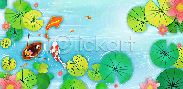 남자 소년 소년한명만 어린이 한명 PSD 일러스트 고양이 금붕어 노 바캉스 반려 배(교통) 앉기 여러마리 여름(계절) 여름라이프 여름방학 여름휴가 연꽃(꽃) 연잎 전신 하늘색 호수