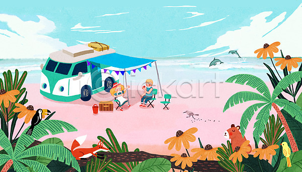 남자 두명 소녀(어린이) 소년 어린이 어린이만 여자 PSD 일러스트 구름(자연) 다람쥐 돌고래 들기 바다 바캉스 앉기 여러마리 여름(계절) 여름라이프 여름방학 여름휴가 여우 열대꽃 열대잎 의자 전신 조류 캠핑카 하늘 해변