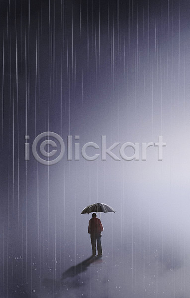 고독 우울감 남자 성인 성인남자한명만 한명 PSD 일러스트 공허 들기 보라색 비(날씨) 서기 우산 전신