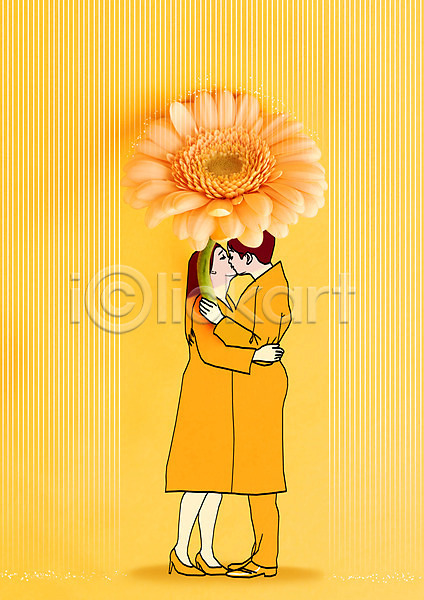 로맨틱 아이디어 남자 두명 성인 성인만 여자 PSD 편집이미지 포토일러 꽃 노란색 들기 비(날씨) 서기 손그림 우산 전신 커플 키스 포옹
