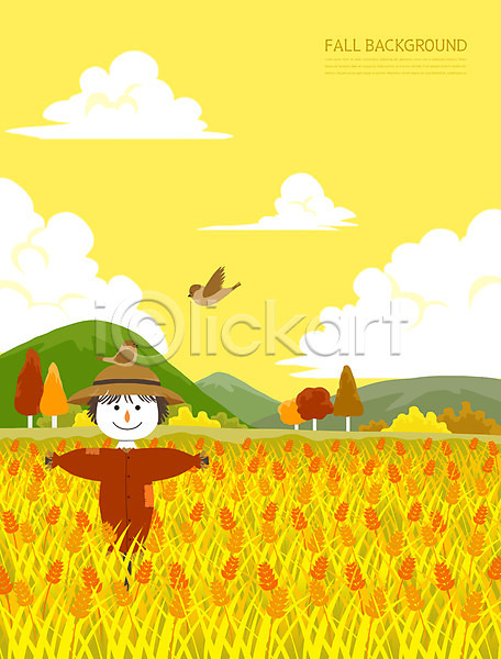 사람없음 PSD 일러스트 가을(계절) 가을배경 가을풍경 계절백그라운드 구름(자연) 나무 노란색 논밭 두마리 백그라운드 벼 산 참새 허수아비