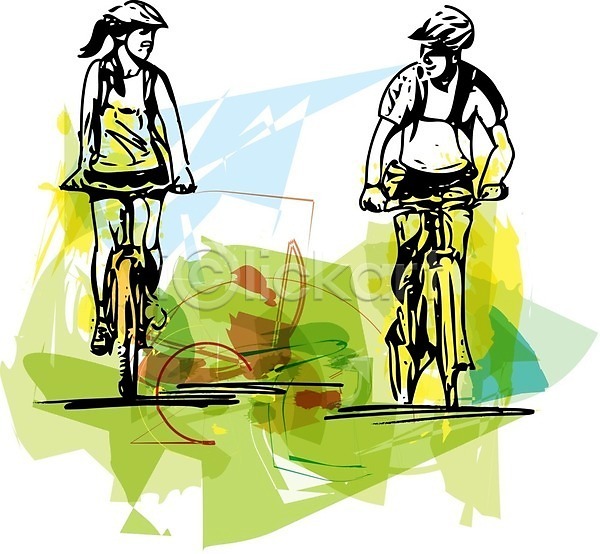 남자 두명 성인 성인만 여자 EPS 일러스트 해외이미지 라이딩 스포츠 승차 자전거 전신 초록색 커플 헬멧