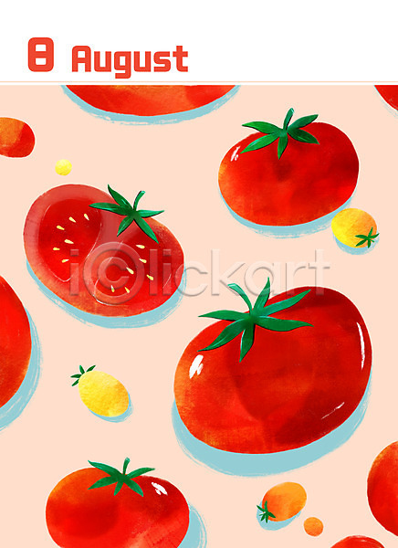사람없음 PSD 일러스트 8월 단면 달력 대추토마토 미니멀 방울토마토 백그라운드 빨간색 제철음식 토마토