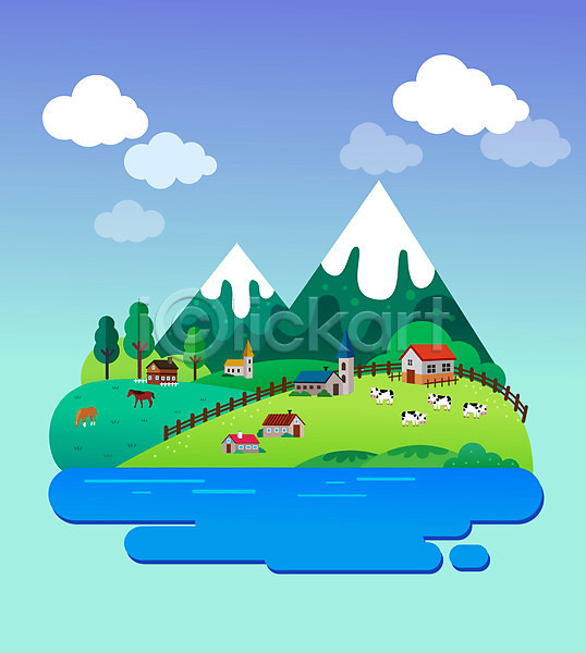 사람없음 AI(파일형식) 일러스트 강 구름(자연) 나무 나무울타리 목장 방목 방목장 산 여러마리 젖소 주택 파란색 풍경(경치)
