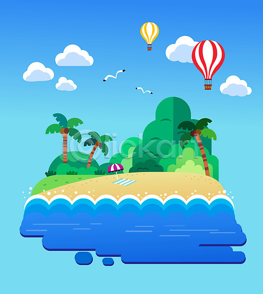 사람없음 AI(파일형식) 일러스트 갈매기 구름(자연) 두마리 바다 비치타올 산 야자수 여름(계절) 열기구 파도 파라솔 파란색 풍경(경치) 해변