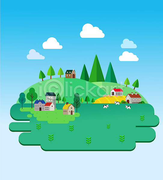 사람없음 AI(파일형식) 일러스트 구름(자연) 나무 돼지 마을 목장 방목 방목장 산 언덕 여러마리 젖소 주택 풍경(경치) 하늘색