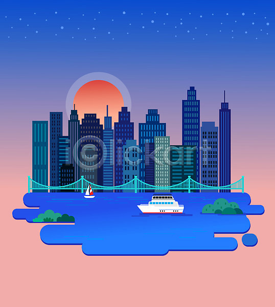 사람없음 AI(파일형식) 일러스트 건물 다리 도시 분홍색 빌딩 요트 유람선 일몰 태양 파란색 풍경(경치) 한강