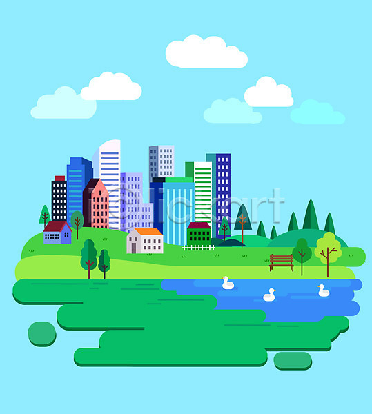 사람없음 AI(파일형식) 일러스트 강 건물 공원 구름(자연) 나무 도시 벤치 빌딩 세마리 신도시 오리 주택 풍경(경치) 하늘색